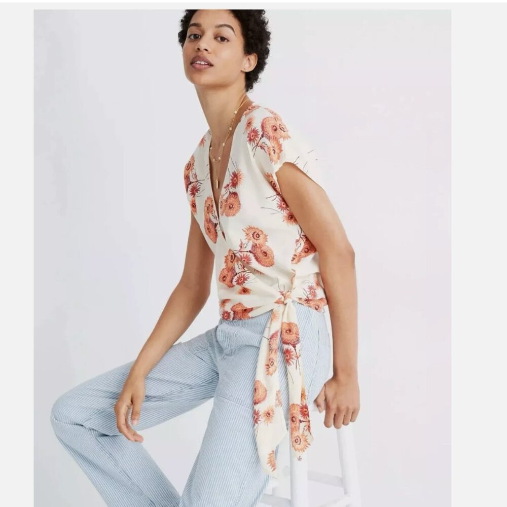 Madewell Wrap Top Red Orange Fall Sunflowers Size M Sash Tie Daisy Dandelions